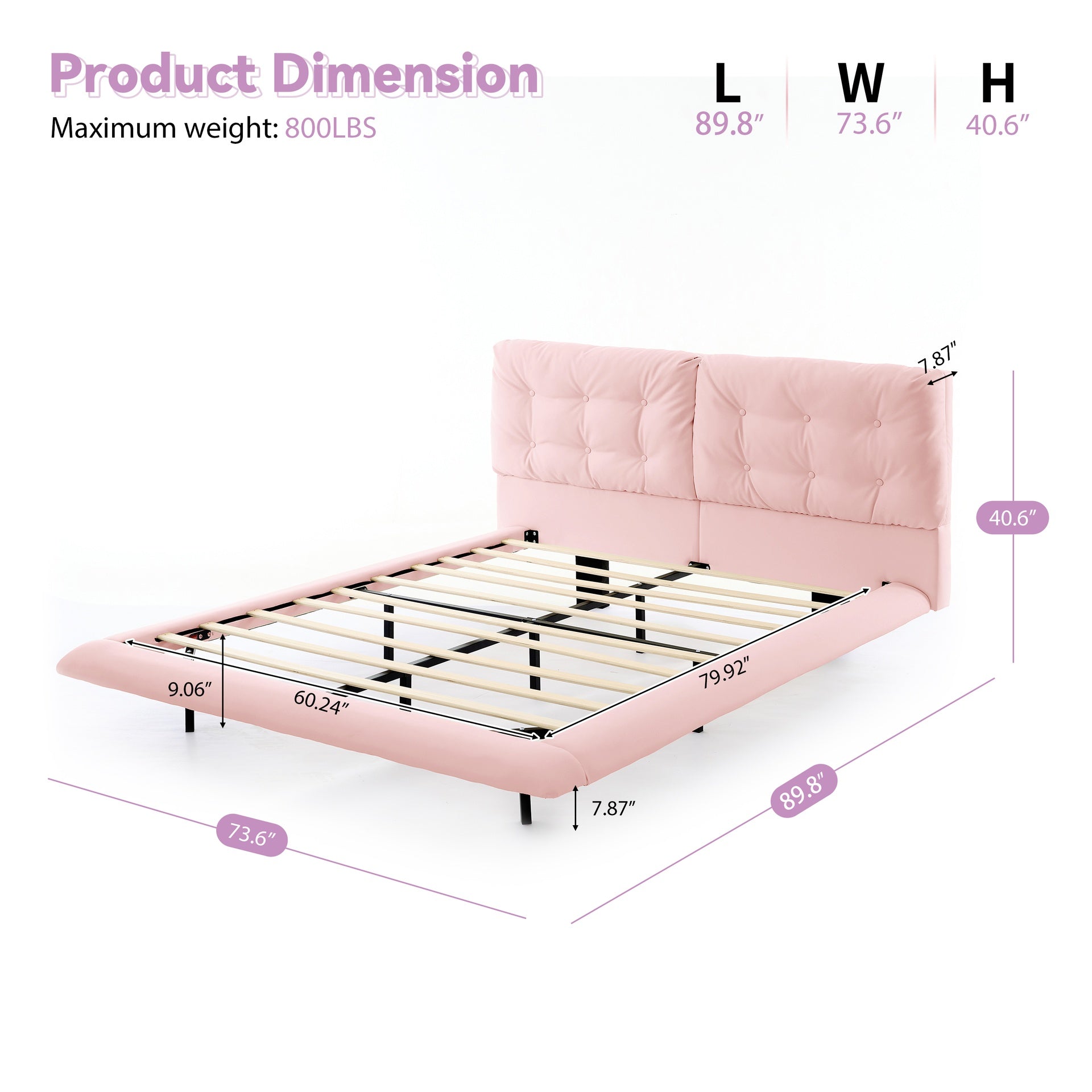 Queen Size Upholstered Floating Bed Frame with LED Lights, Pu Leather Platform Bed with Button-Tufted Headboard, Easy Assembly, No Box Spring Needed, Pink