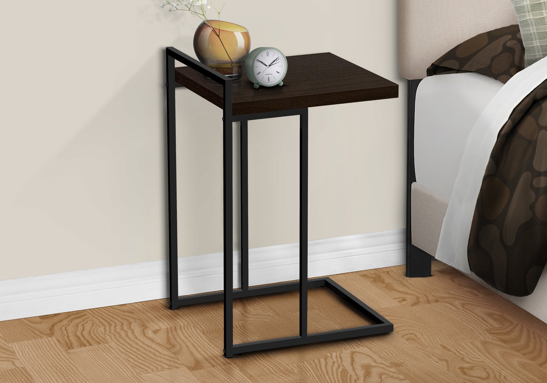 Accent Table, C-shaped, End, Side, Snack, Living Room, Bedroom, Brown Laminate, Black Metal, Contemporary, Modern