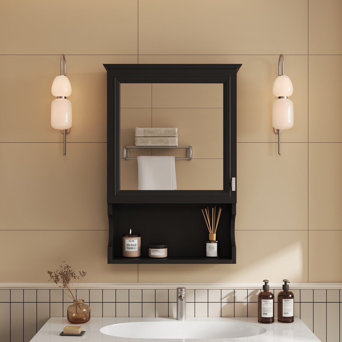 20'' Wall Mounted Bathroom Storage Cabinet with Mirror, Wall Mounted Home Storage with Door, Mirrored Wall Medicine Cabinet