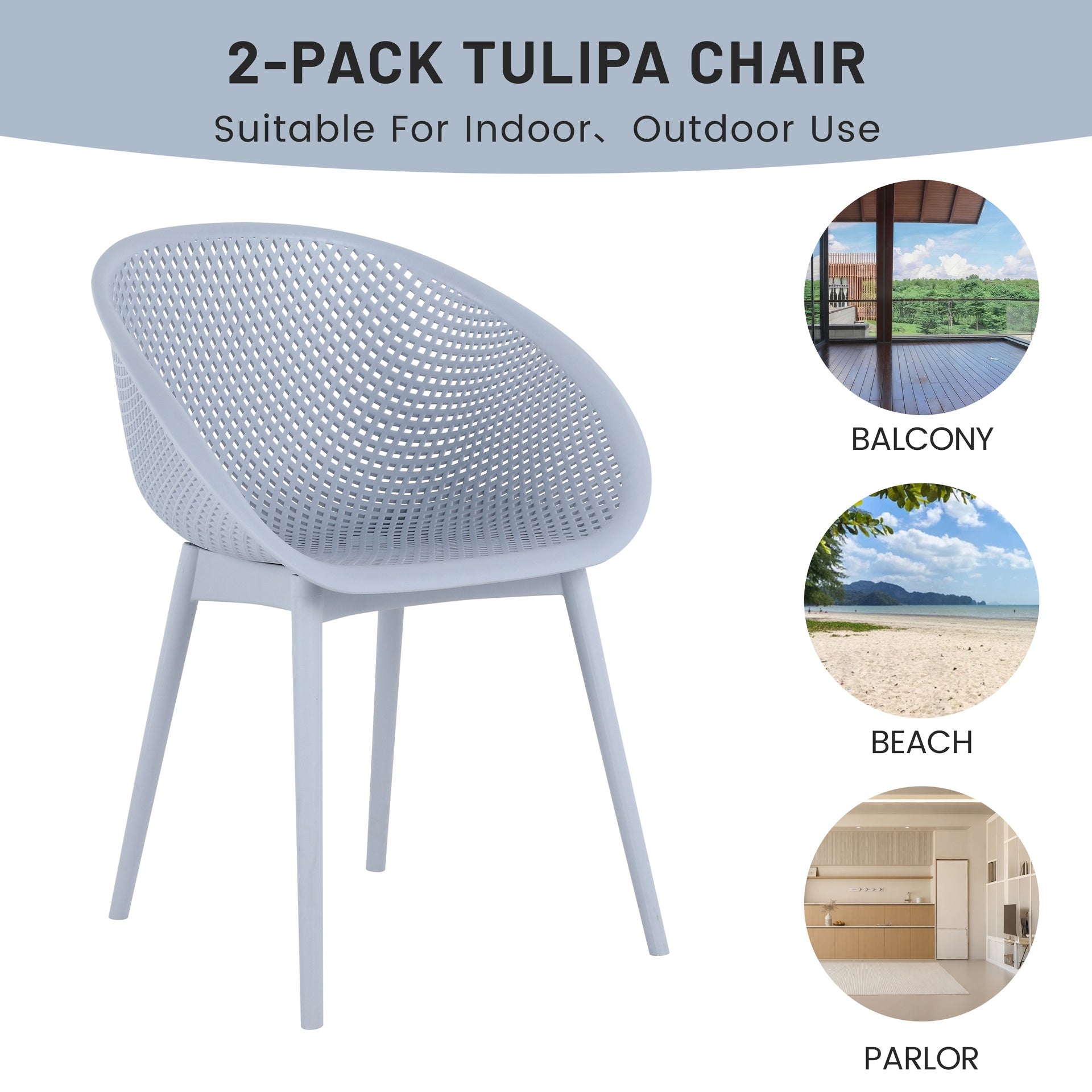 Holiday - 2-Pack Modern Lounge Chairs – Indoor/Outdoor All-Weather PP Plastic, Lightweight  for Patio, Beach, Living Room (Light Baby Blue)