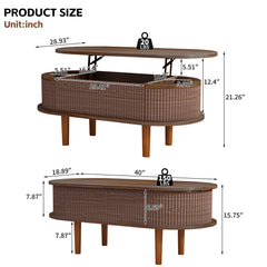 Fluted Lift Top Coffee Table with Hidden Compartment, Wooden Center Table, Modern Oval Lift Tabletop for Home Living Room Office, Walnut Color