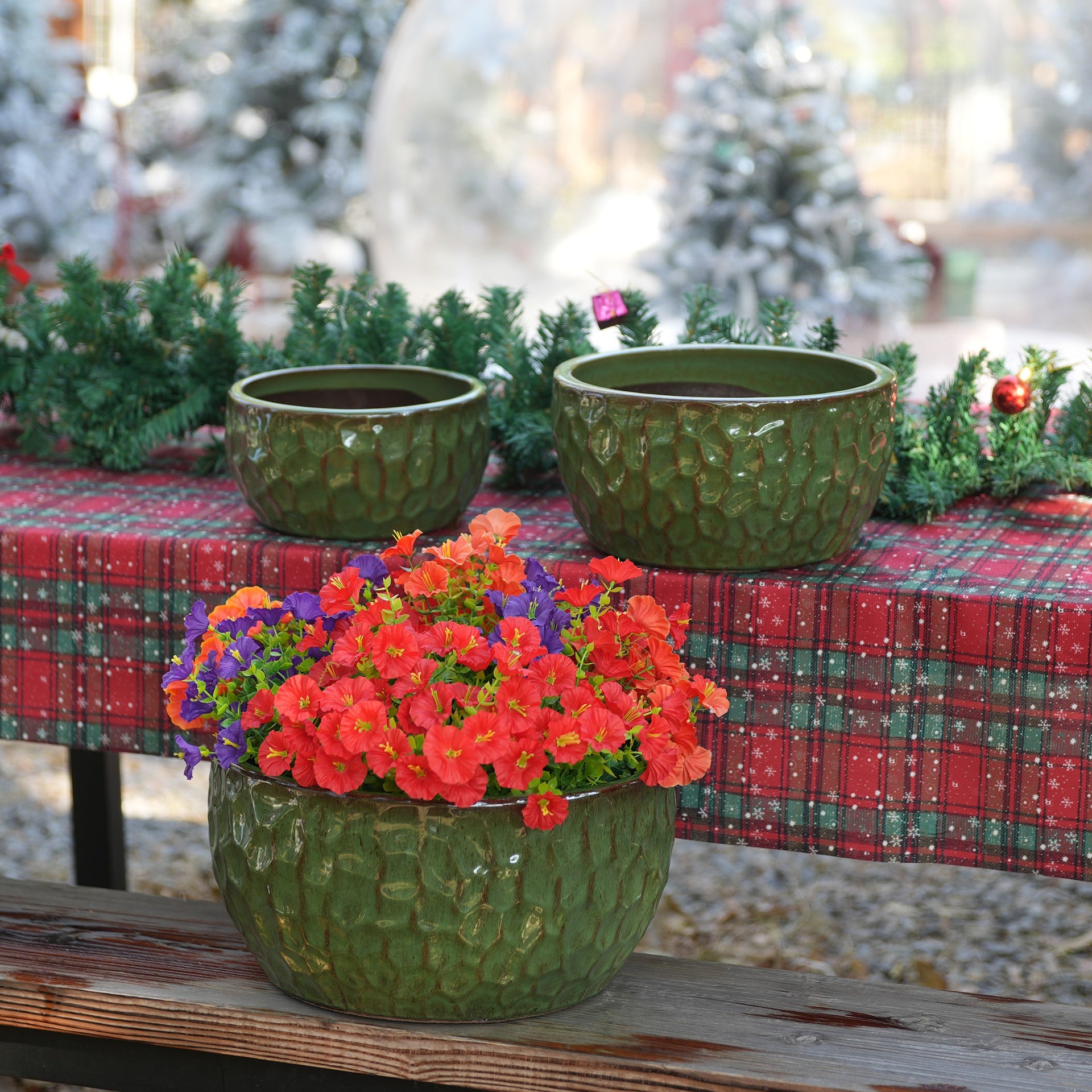 Handmade Glazed Ceramic Planter Set of 3, 15/12/10 Inch Diameter, Hammered Pattern, for Bamboo & Ficus Outdoor Garden & Indoor Staircase Use, Breathable Clay with Drainage Holes, Solid Green