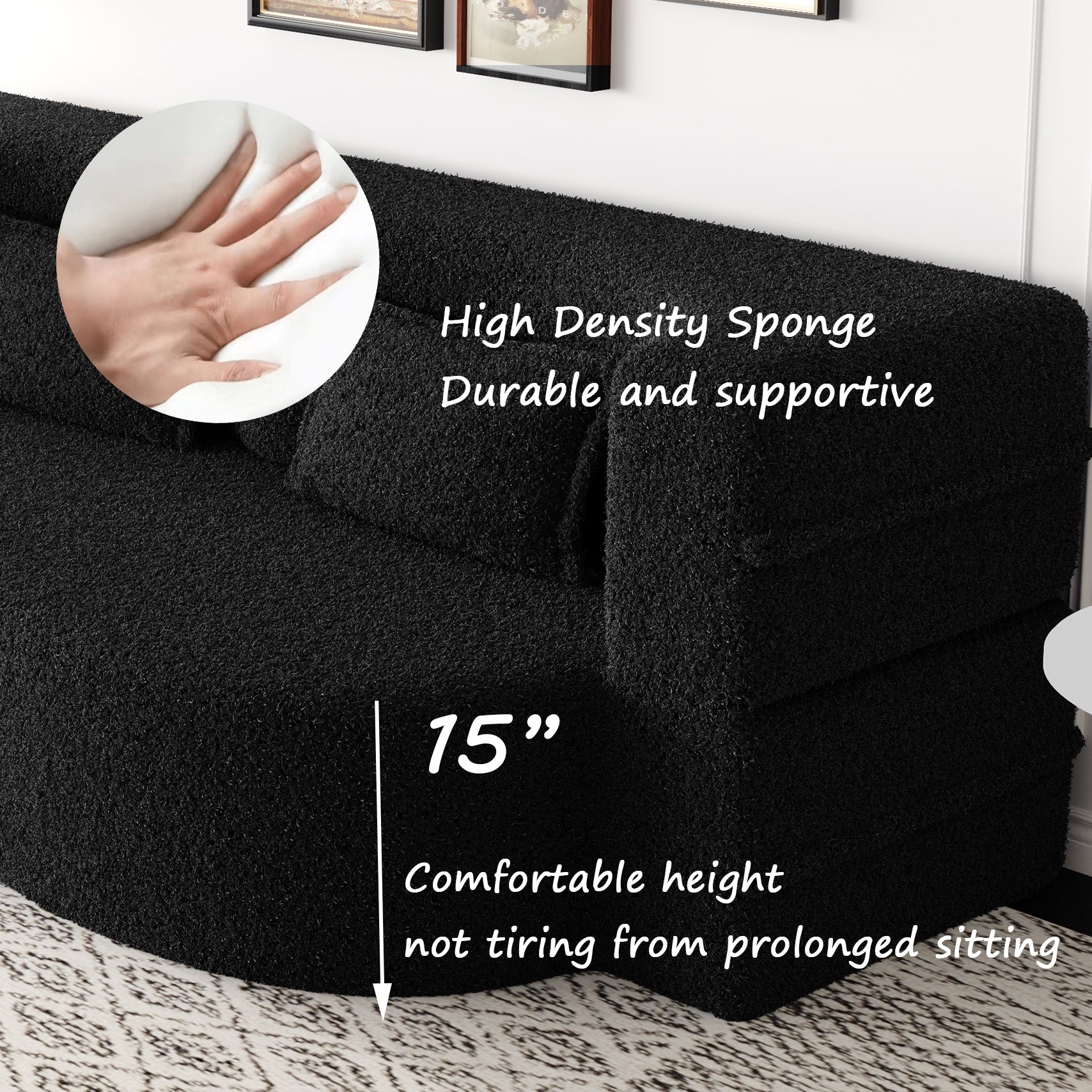 Modern Floor Sofa with 2 Pillows,Convertible Teddy Fabric Foam-Filled Sleeper Sofa Bed,15" Full Size Folding Mattress for Living Room,Guest Bed,no assembly required,Black(Same series:W1885P2722)