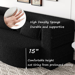 Modern Floor Sofa with 2 Pillows,Convertible Teddy Fabric Foam-Filled Sleeper Sofa Bed,15" Full Size Folding Mattress for Living Room,Guest Bed,no assembly required,Black(Same series:W1885P2722)