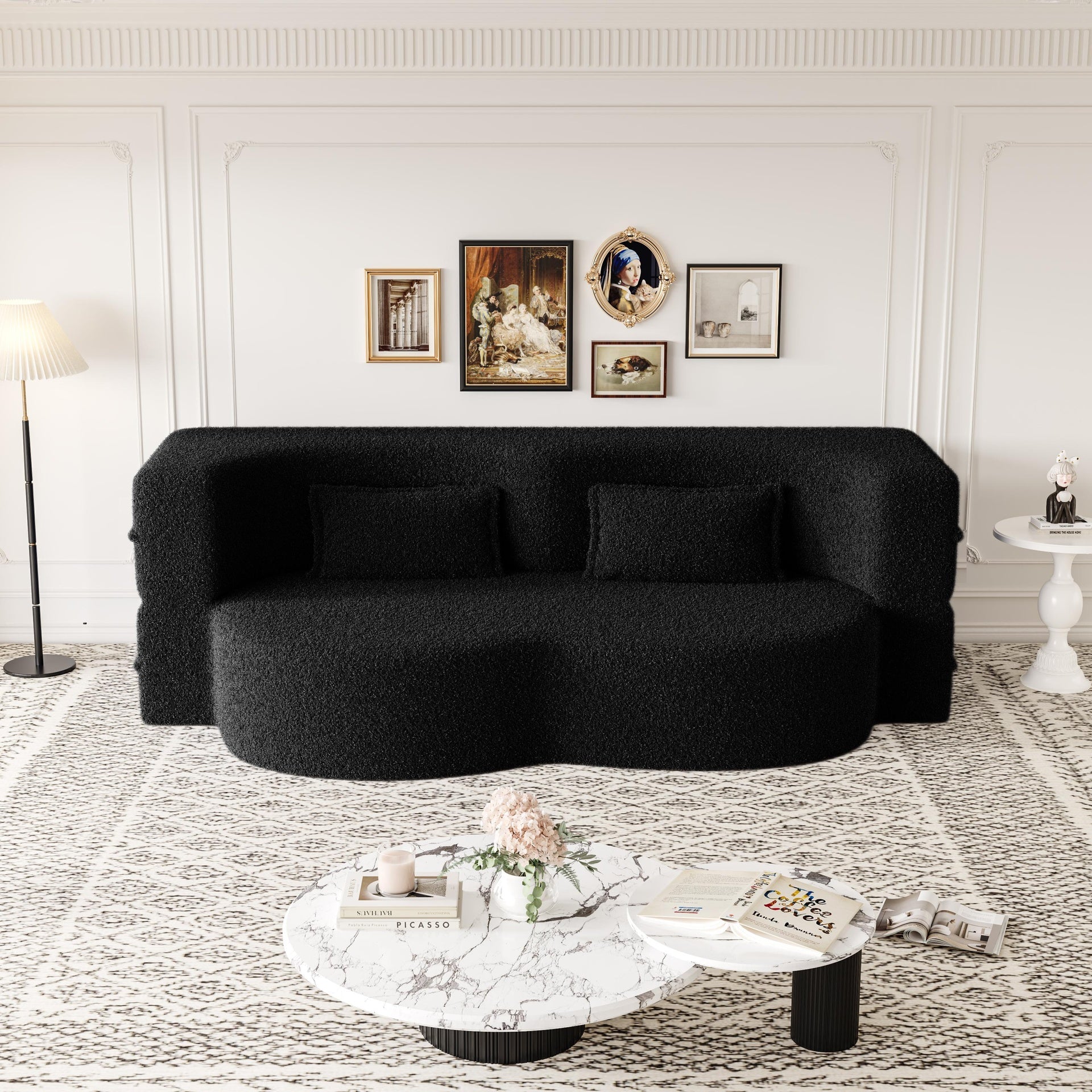 Modern Floor Sofa with 2 Pillows,Convertible Teddy Fabric Foam-Filled Sleeper Sofa Bed,15" Full Size Folding Mattress for Living Room,Guest Bed,no assembly required,Black(Same series:W1885P2722)