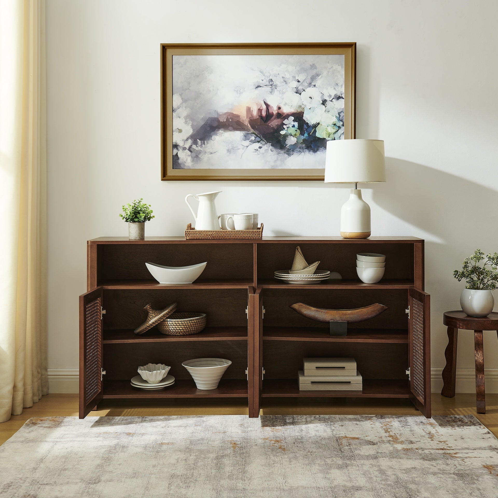 63" Mid Century Modern Rattan Sideboard Buffet Cabinet with Storage, Retro Coffee Bar Wine Bar Credenza, Large Media Console Table for Living Room/Entryway/Kitchen, Walnut