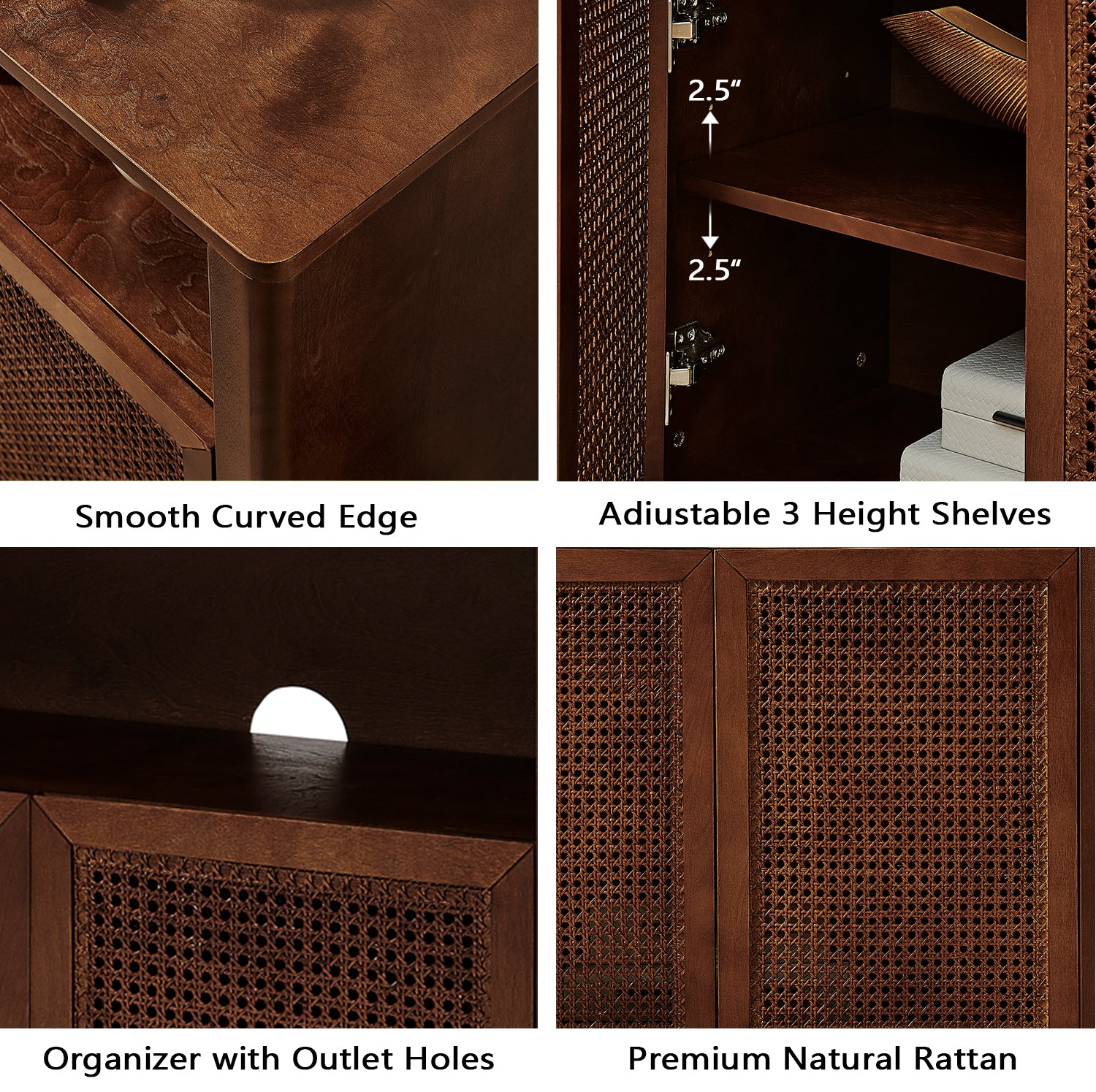 63" Mid Century Modern Rattan Sideboard Buffet Cabinet with Storage, Retro Coffee Bar Wine Bar Credenza, Large Media Console Table for Living Room/Entryway/Kitchen, Walnut