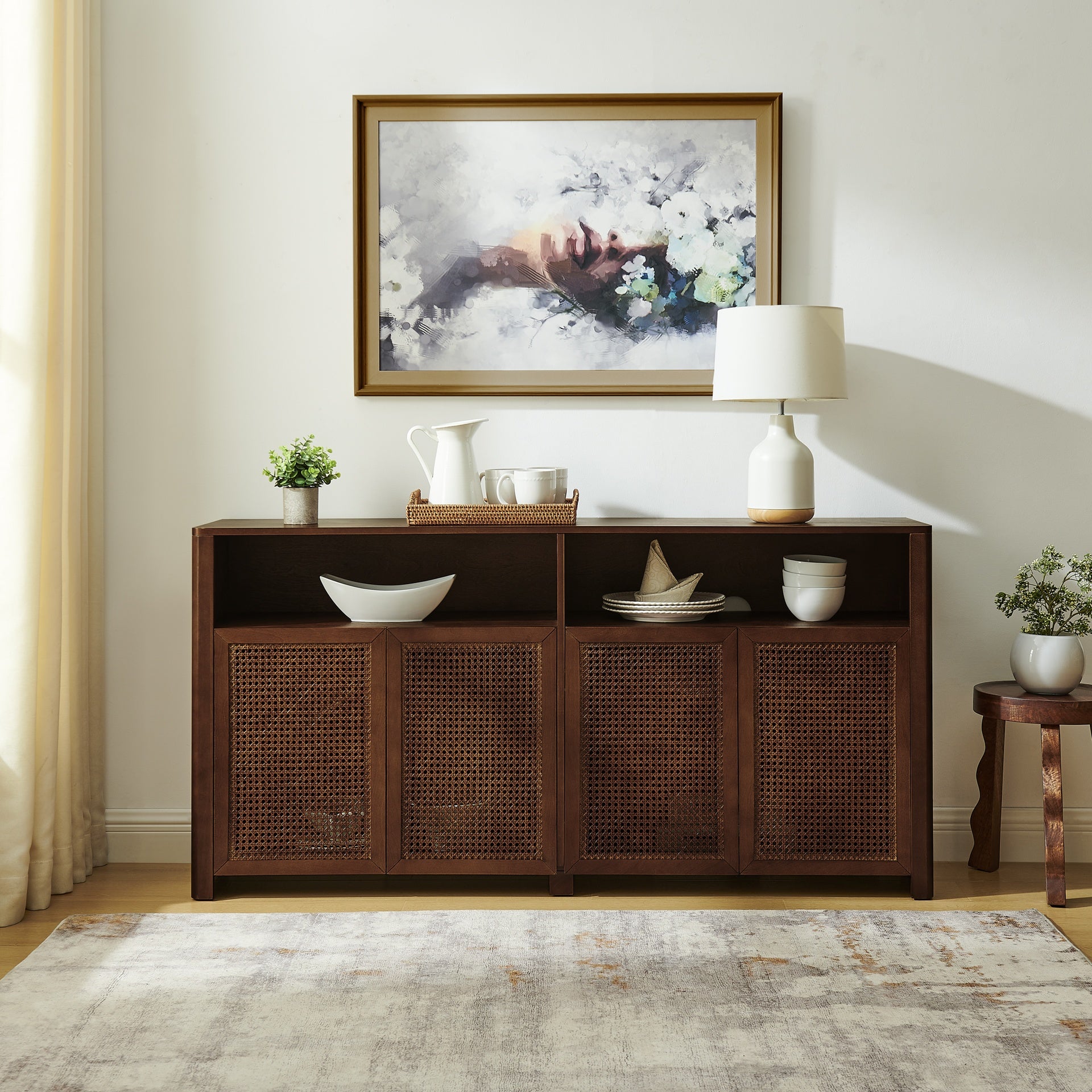 63" Mid Century Modern Rattan Sideboard Buffet Cabinet with Storage, Retro Coffee Bar Wine Bar Credenza, Large Media Console Table for Living Room/Entryway/Kitchen, Walnut
