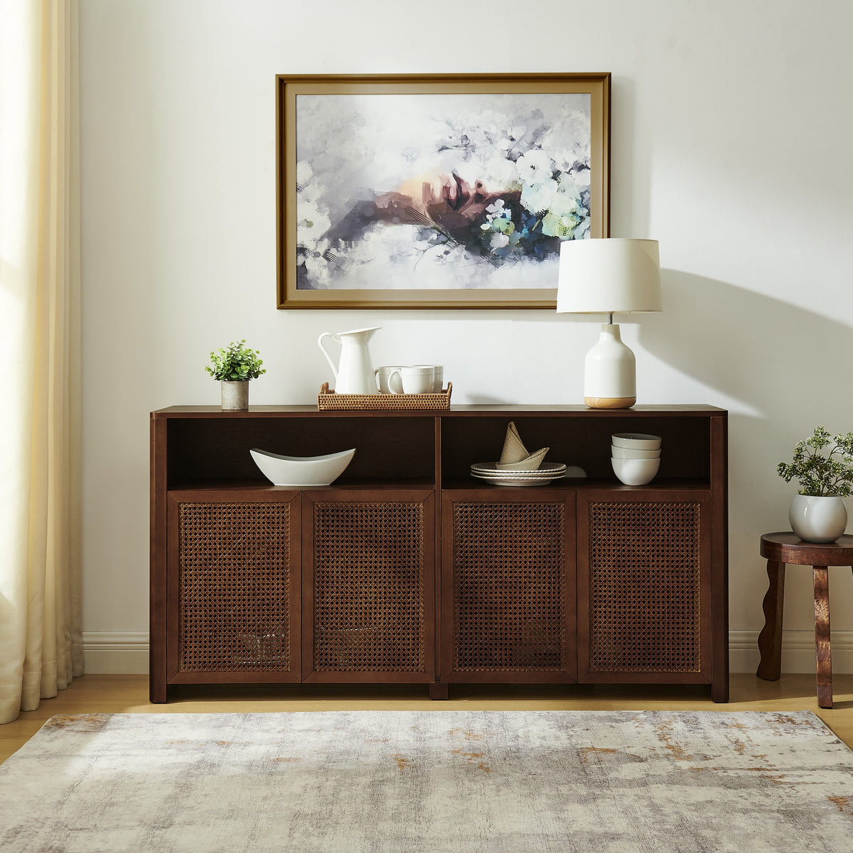 63" Mid Century Modern Rattan Sideboard Buffet Cabinet with Storage, Retro Coffee Bar Wine Bar Credenza, Large Media Console Table for Living Room/Entryway/Kitchen, Walnut