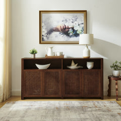 63" Mid Century Modern Rattan Sideboard Buffet Cabinet with Storage, Retro Coffee Bar Wine Bar Credenza, Large Media Console Table for Living Room/Entryway/Kitchen, Walnut