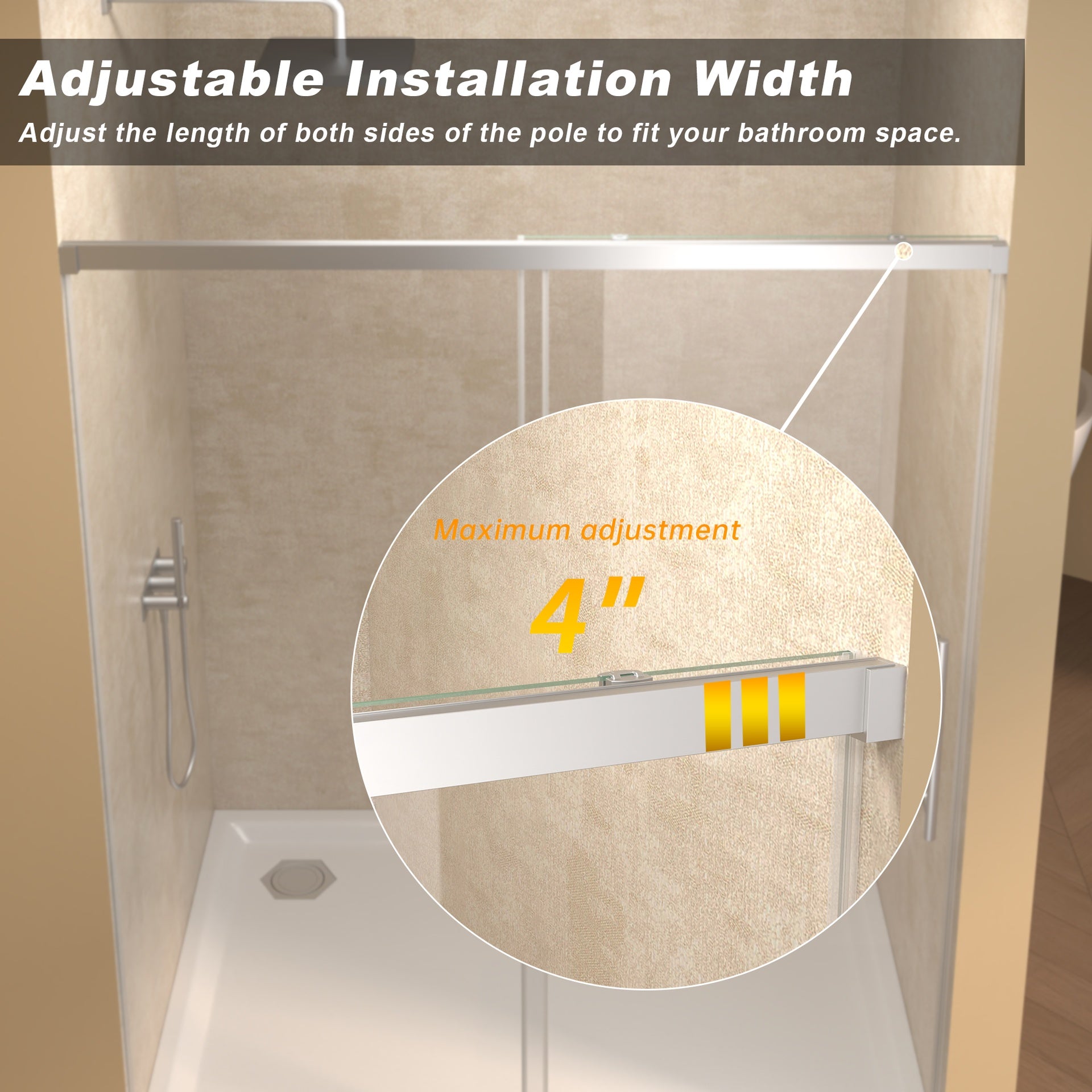 60" Width x 72"Height Single Sliding Shower Door,5mm fixed glass and 6mm sliding glass Frameless ,  Clear Tempered Glass, Stainless Steel handle,Chrome
