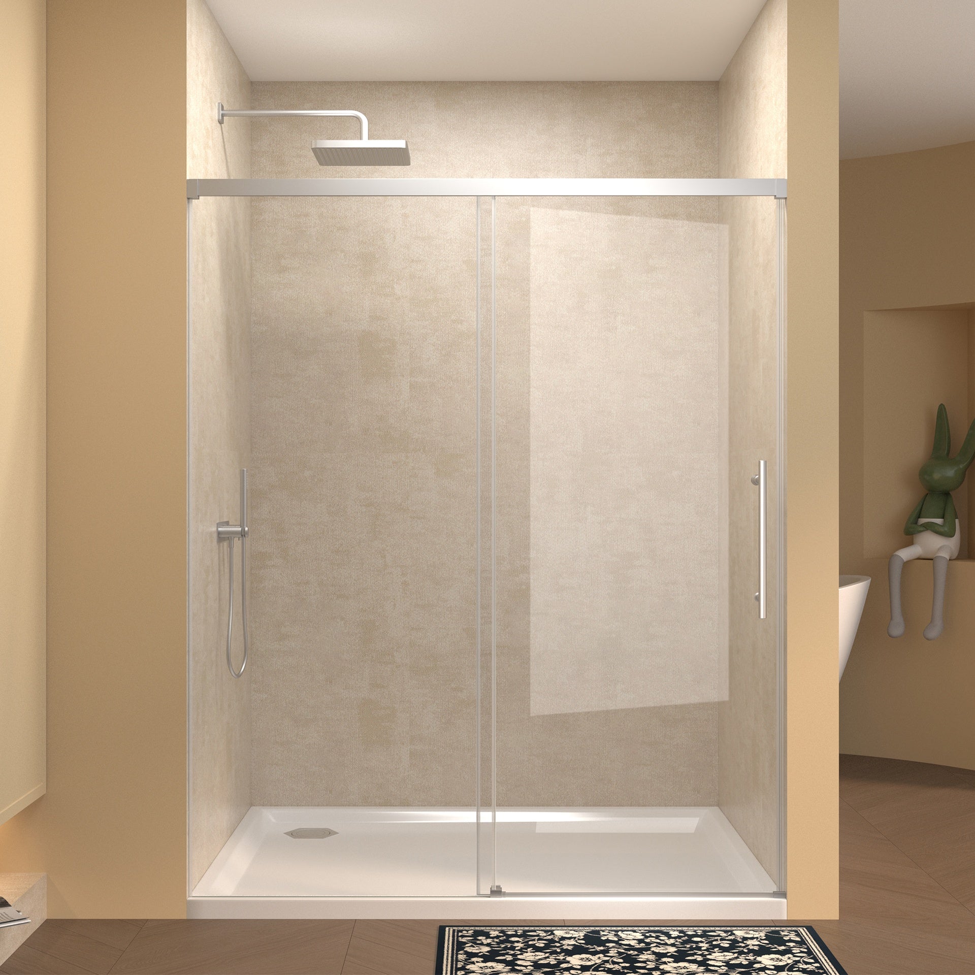 60" Width x 72"Height Single Sliding Shower Door,5mm fixed glass and 6mm sliding glass Frameless ,  Clear Tempered Glass, Stainless Steel handle,Chrome