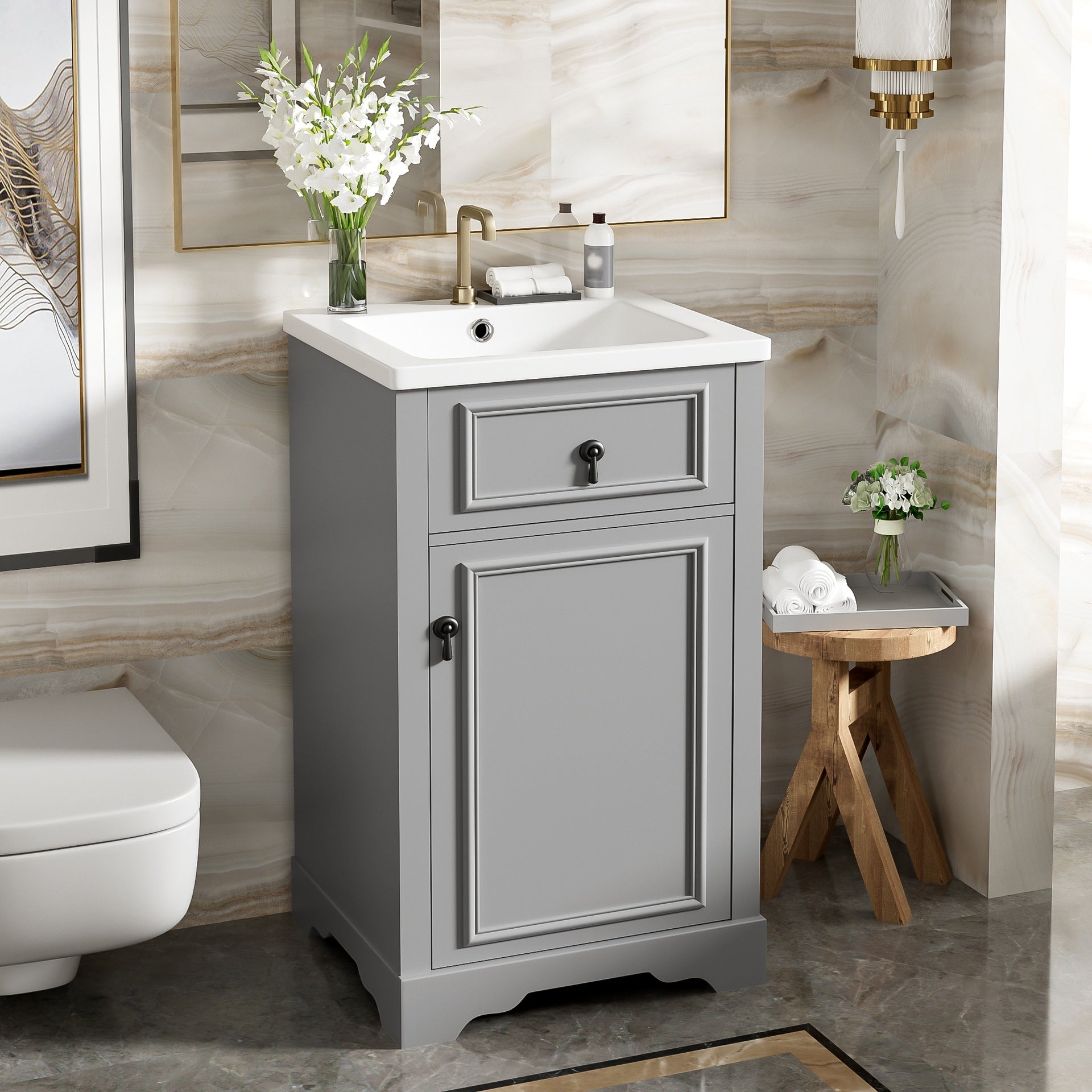 20-Inch Bathroom Vanity with Ceramic Sink, Soft Close Door, Adjustable Shelf, and Door-Mounted Storage Rack - Ideal for Small Bathrooms