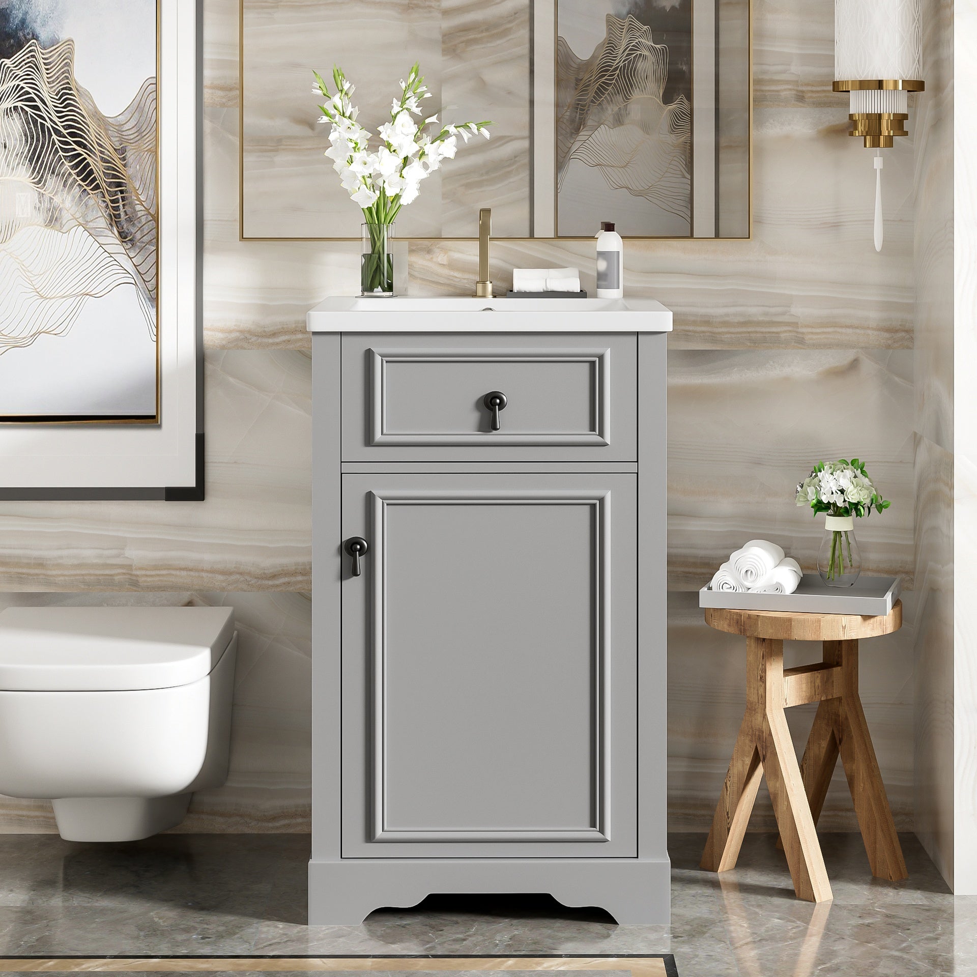 20-Inch Bathroom Vanity with Ceramic Sink, Soft Close Door, Adjustable Shelf, and Door-Mounted Storage Rack - Ideal for Small Bathrooms