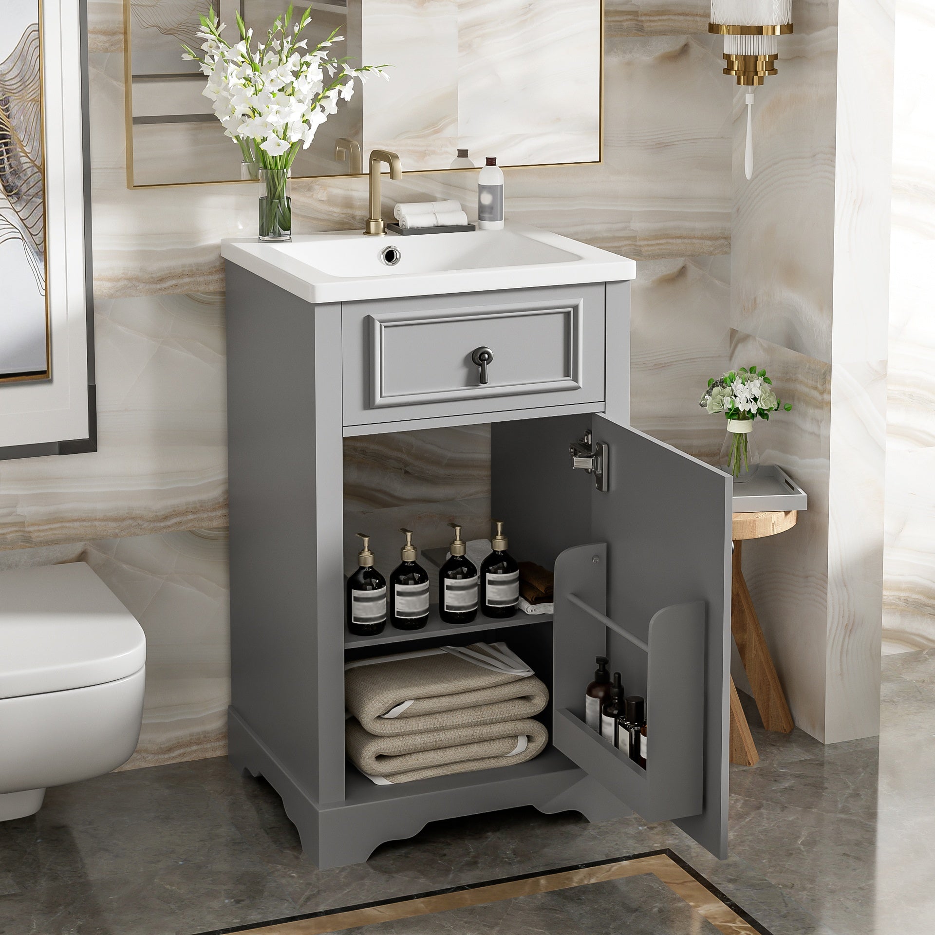 20-Inch Bathroom Vanity with Ceramic Sink, Soft Close Door, Adjustable Shelf, and Door-Mounted Storage Rack - Ideal for Small Bathrooms