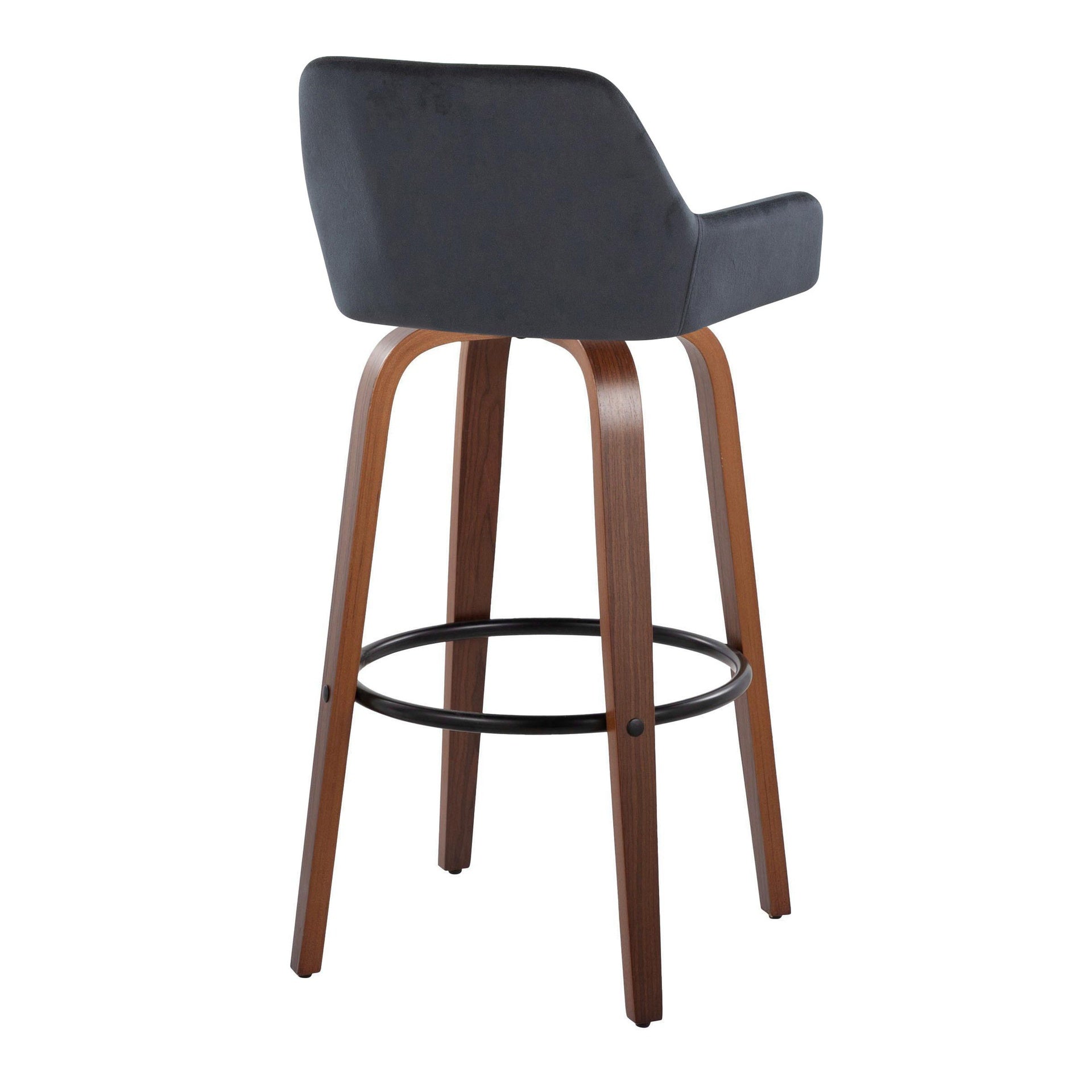 Daniella 30" Contemporary Fixed-Height Barstool with Swivel in Walnut Wood and Black Velvet with Round Black Metal Footrest by LumiSource - Set of 2