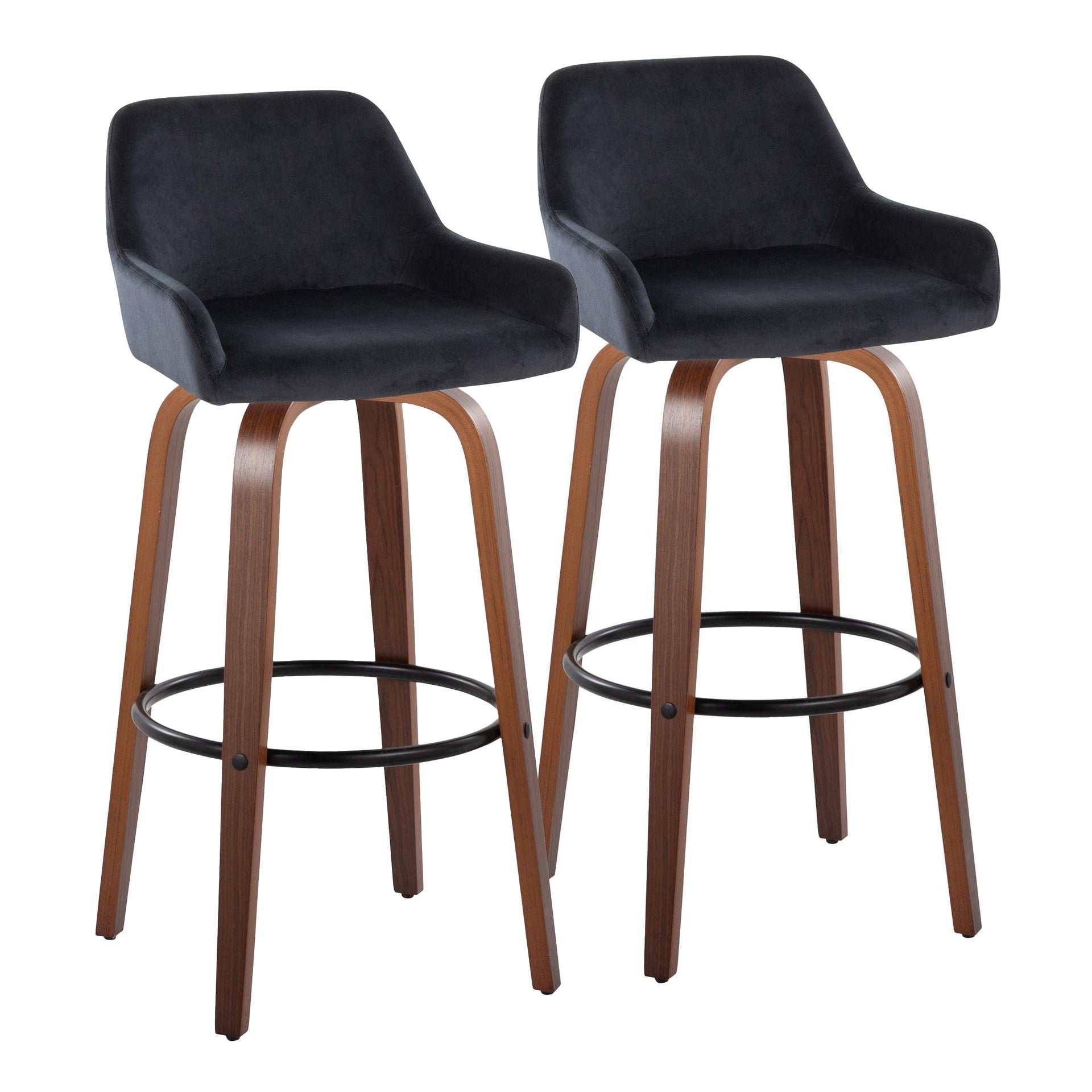 Daniella 30" Contemporary Fixed-Height Barstool with Swivel in Walnut Wood and Black Velvet with Round Black Metal Footrest by LumiSource - Set of 2