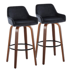 Daniella 30" Contemporary Fixed-Height Barstool with Swivel in Walnut Wood and Black Velvet with Round Black Metal Footrest by LumiSource - Set of 2