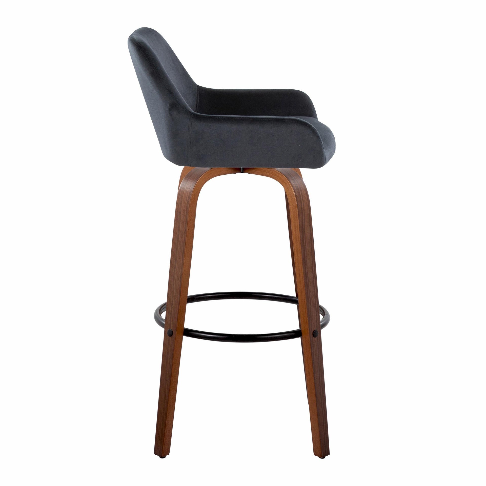 Daniella 30" Contemporary Fixed-Height Barstool with Swivel in Walnut Wood and Black Velvet with Round Black Metal Footrest by LumiSource - Set of 2