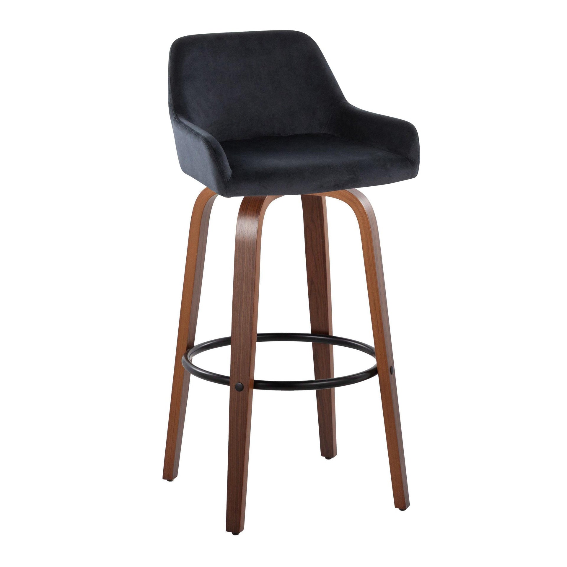 Daniella 30" Contemporary Fixed-Height Barstool with Swivel in Walnut Wood and Black Velvet with Round Black Metal Footrest by LumiSource - Set of 2