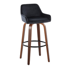 Daniella 30" Contemporary Fixed-Height Barstool with Swivel in Walnut Wood and Black Velvet with Round Black Metal Footrest by LumiSource - Set of 2