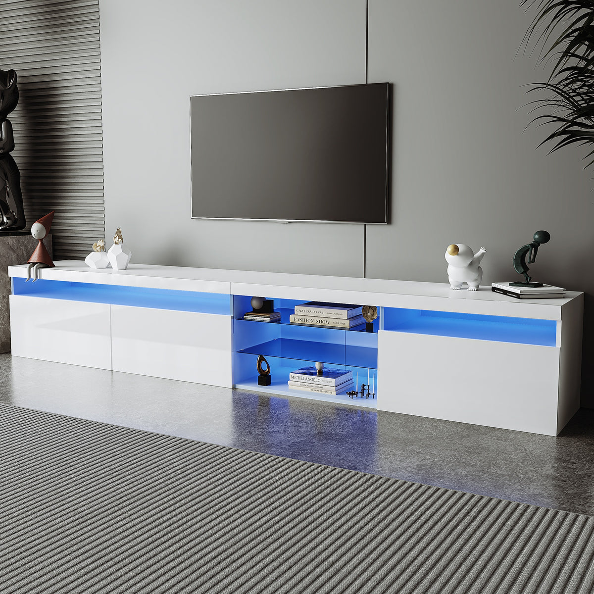 Unique Design TV Stand with 2 Glass Shelves, Ample Storage Space Media Console for TVs Up to 105", Versatile TV Cabinet with LED Color Changing Lights for Living Room, White