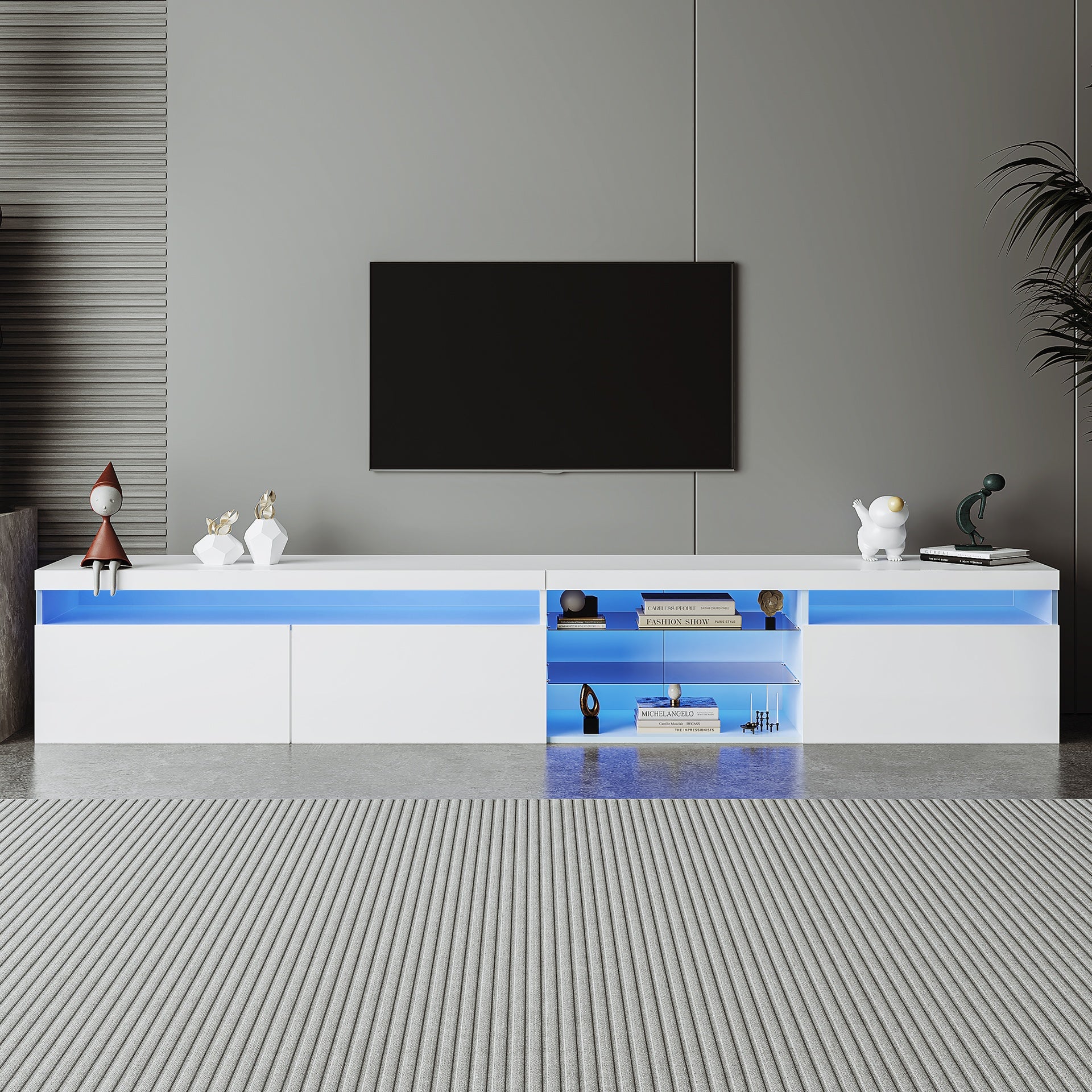 Unique Design TV Stand with 2 Glass Shelves, Ample Storage Space Media Console for TVs Up to 105", Versatile TV Cabinet with LED Color Changing Lights for Living Room, White