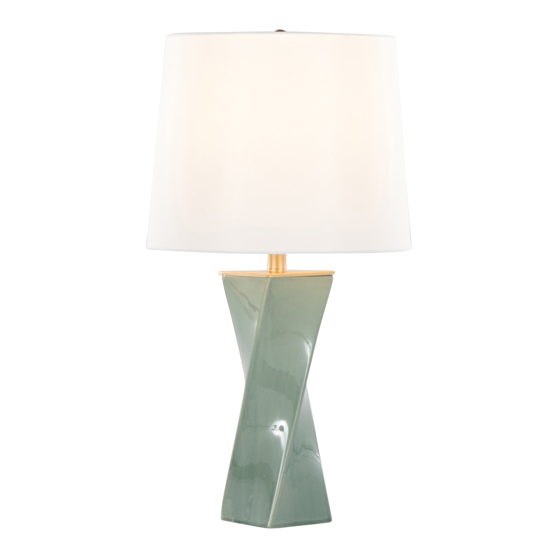 Curvo Square Contemporary 27" Ceramic Table Lamp in Sage Green Ceramic, Gold Metal, and White Linen by LumiSource