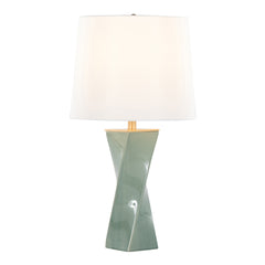 Curvo Square Contemporary 27" Ceramic Table Lamp in Sage Green Ceramic, Gold Metal, and White Linen by LumiSource
