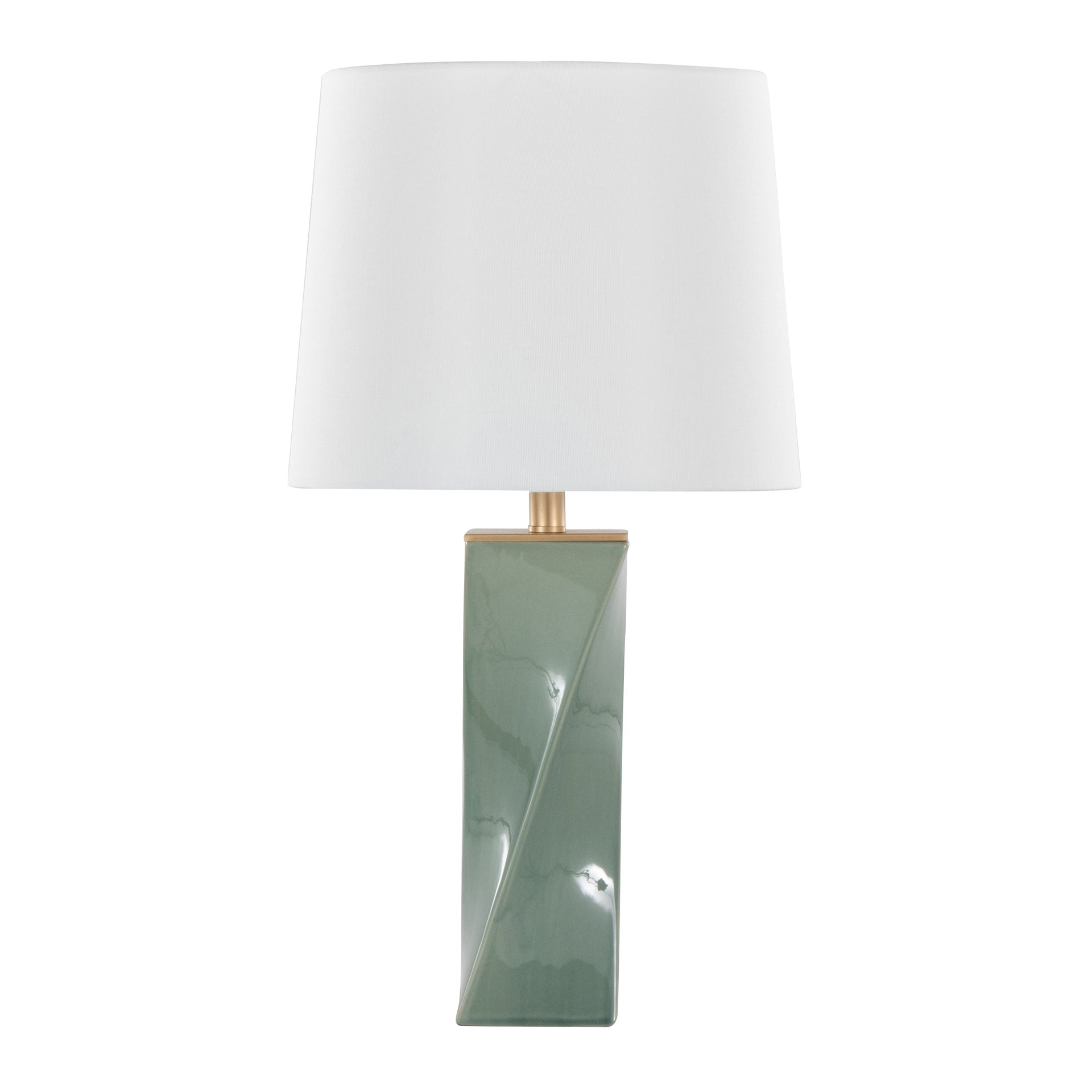 Curvo Square Contemporary 27" Ceramic Table Lamp in Sage Green Ceramic, Gold Metal, and White Linen by LumiSource