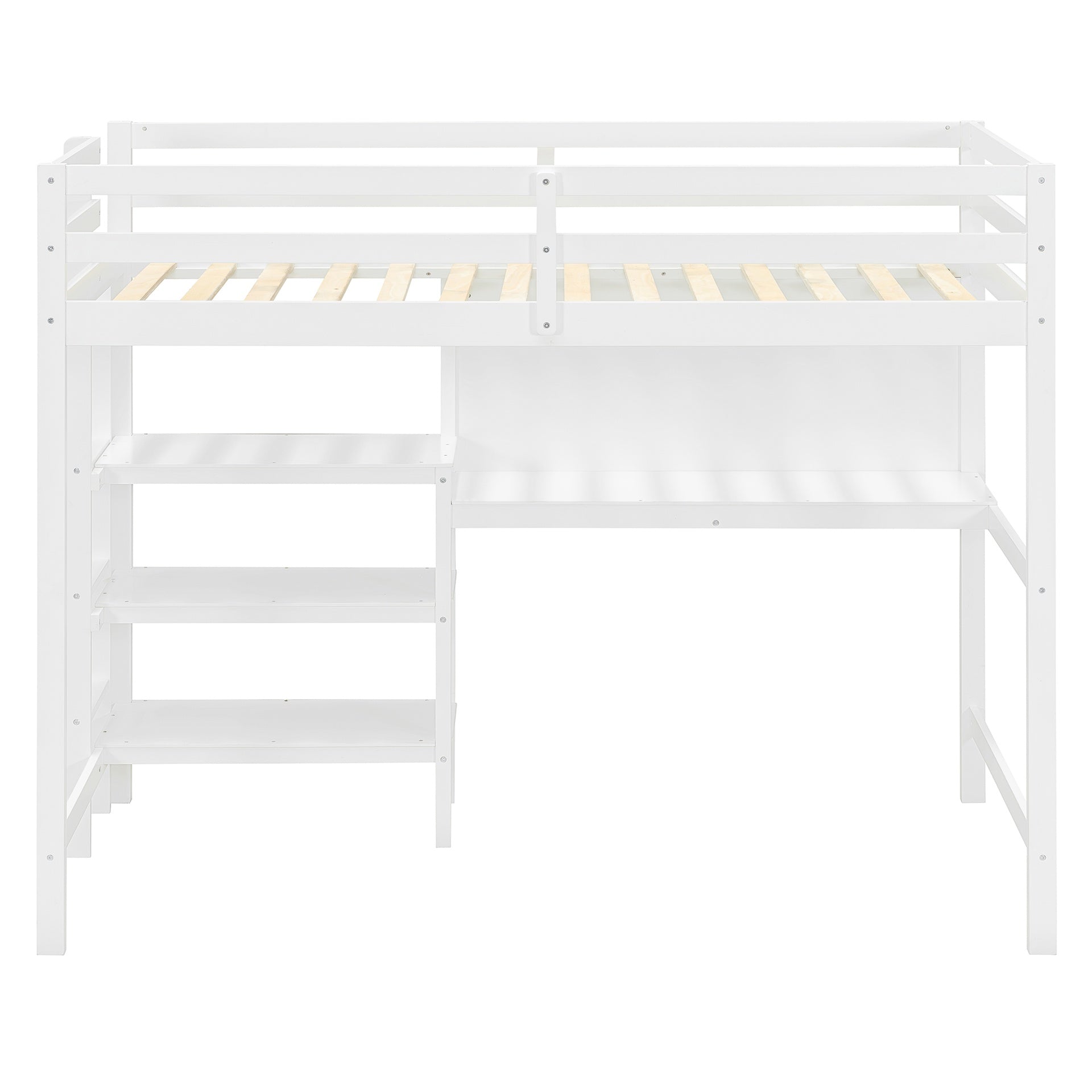 Twin Size Wooden Loft Bed with Shelves, Desk and Writing Board - White