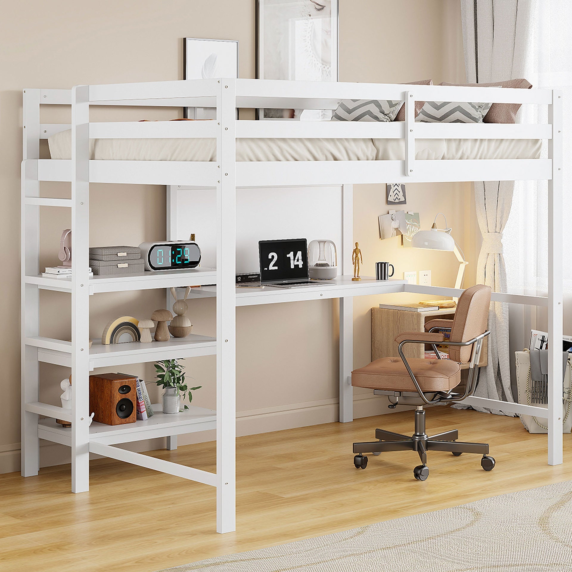 Twin Size Wooden Loft Bed with Shelves, Desk and Writing Board - White