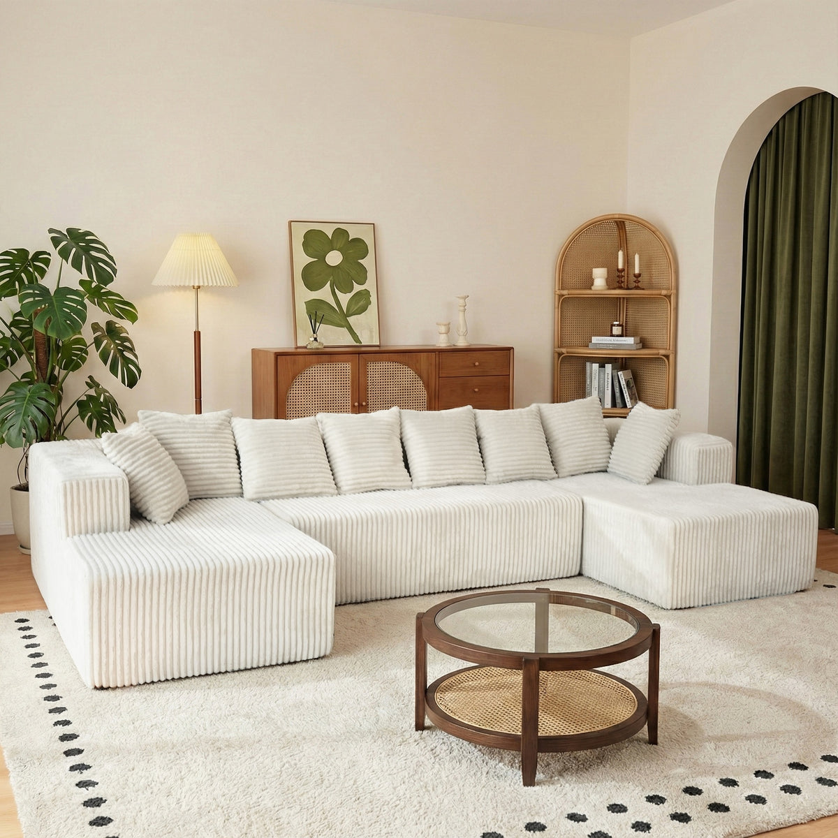 130" Boneless Couch, Cloud Couch Sectional, Corduroy Sofa for Living Room, U Shaped Modular Sofa with Chaise, No Assembly, 4 Seats Oversized (Beige)