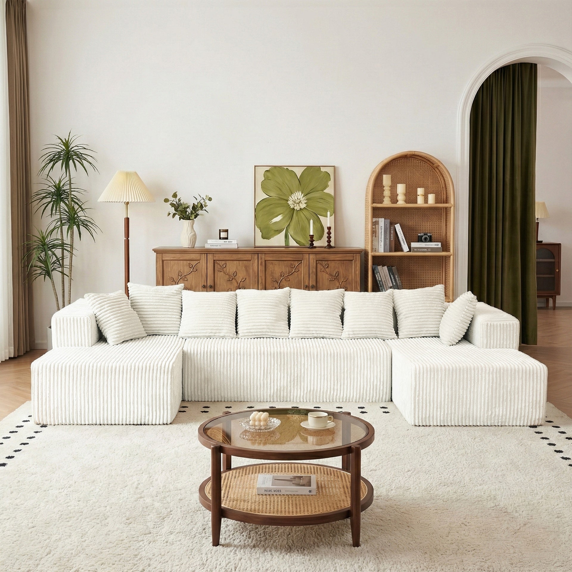 130" Boneless Couch, Cloud Couch Sectional, Corduroy Sofa for Living Room, U Shaped Modular Sofa with Chaise, No Assembly, 4 Seats Oversized (Beige)