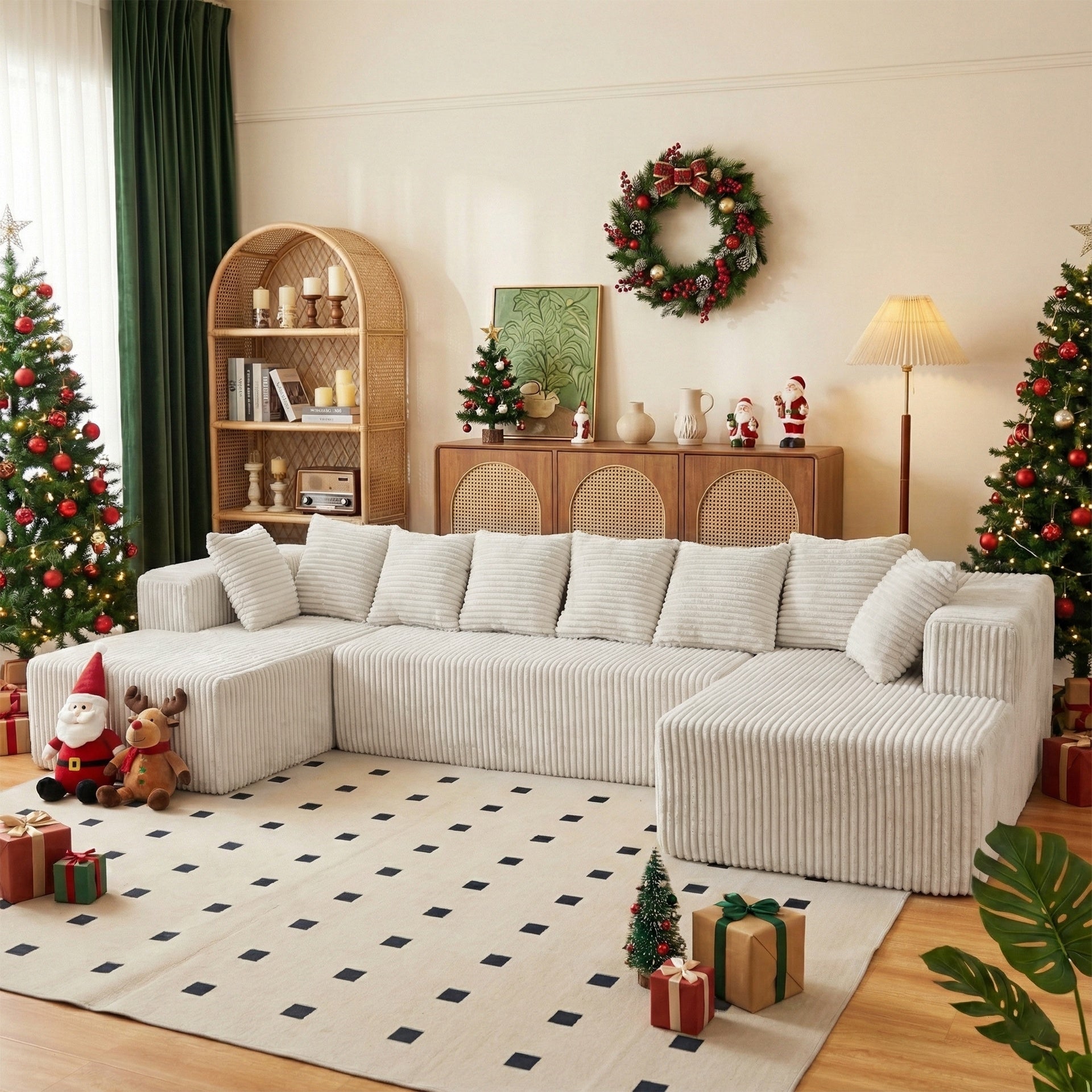 130" Boneless Couch, Cloud Couch Sectional, Corduroy Sofa for Living Room, U Shaped Modular Sofa with Chaise, No Assembly, 4 Seats Oversized (Beige)