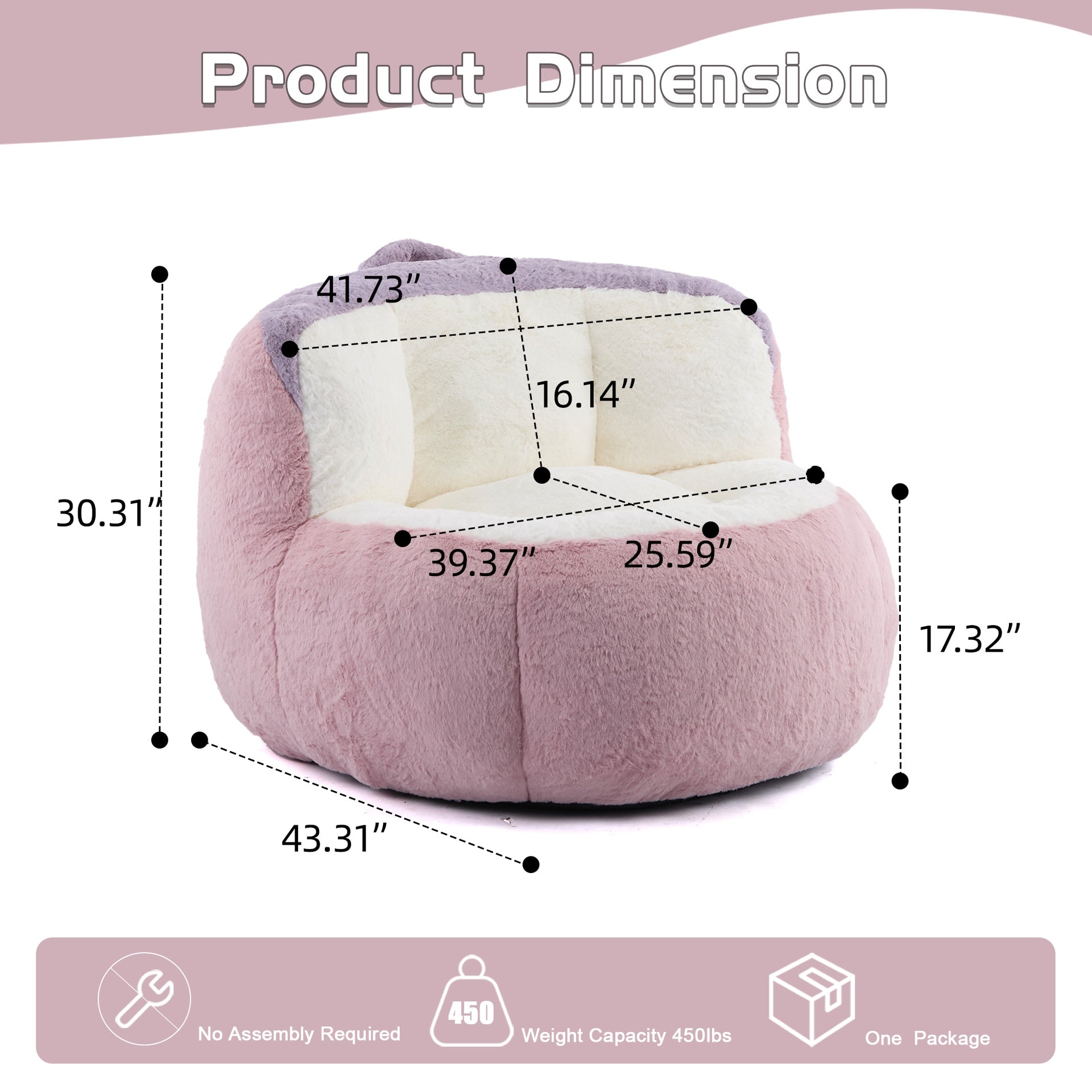 Oversized Bean Bag Chairs,Multicolor Faux Fur Couch Filled with Shredded Sponge,Large Lounger Sofa For Living Room,No Assembly Required , Pink+White+Purple