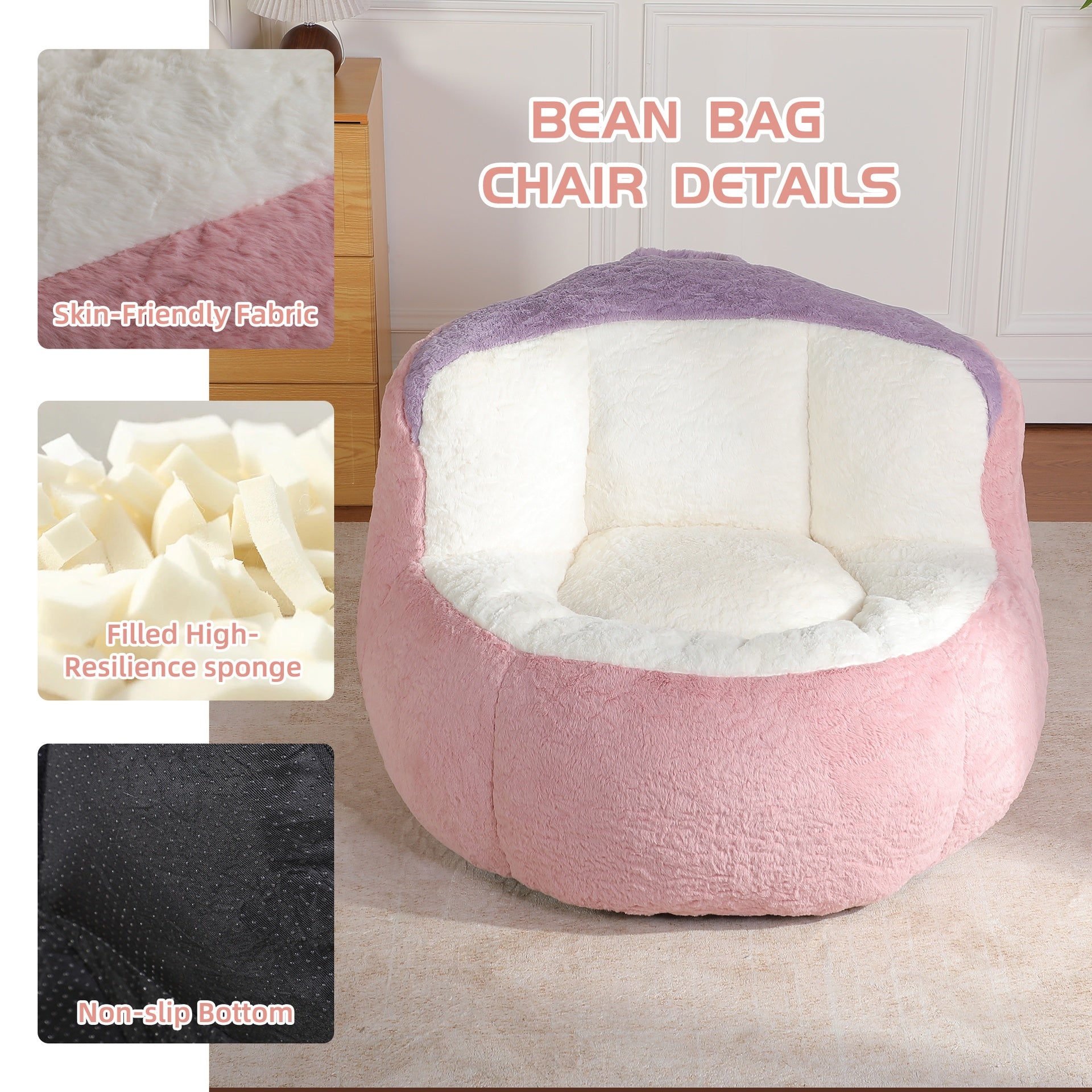 Oversized Bean Bag Chairs,Multicolor Faux Fur Couch Filled with Shredded Sponge,Large Lounger Sofa For Living Room,No Assembly Required , Pink+White+Purple