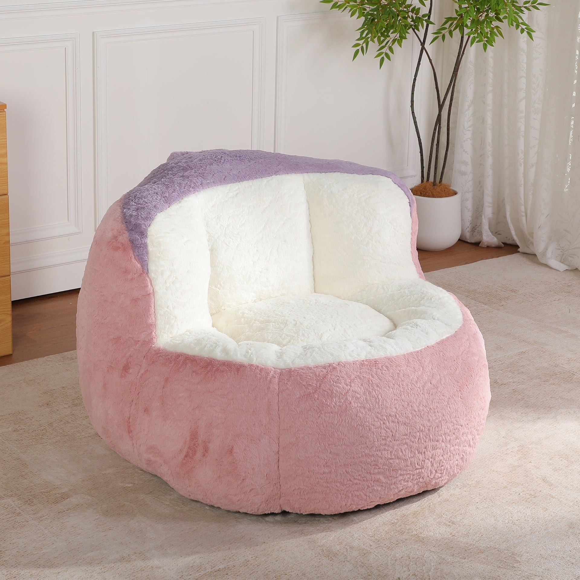 Oversized Bean Bag Chairs,Multicolor Faux Fur Couch Filled with Shredded Sponge,Large Lounger Sofa For Living Room,No Assembly Required , Pink+White+Purple
