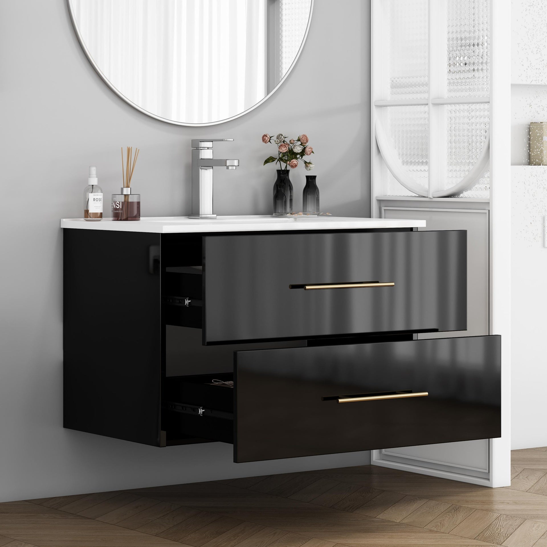 30-Inch Black Gloss Wall-Mounted Bathroom Vanity with Sink Combo, Double Drawers,Ceramic Sink,Long Metal Handle ,Easy Installation,Glossy Black