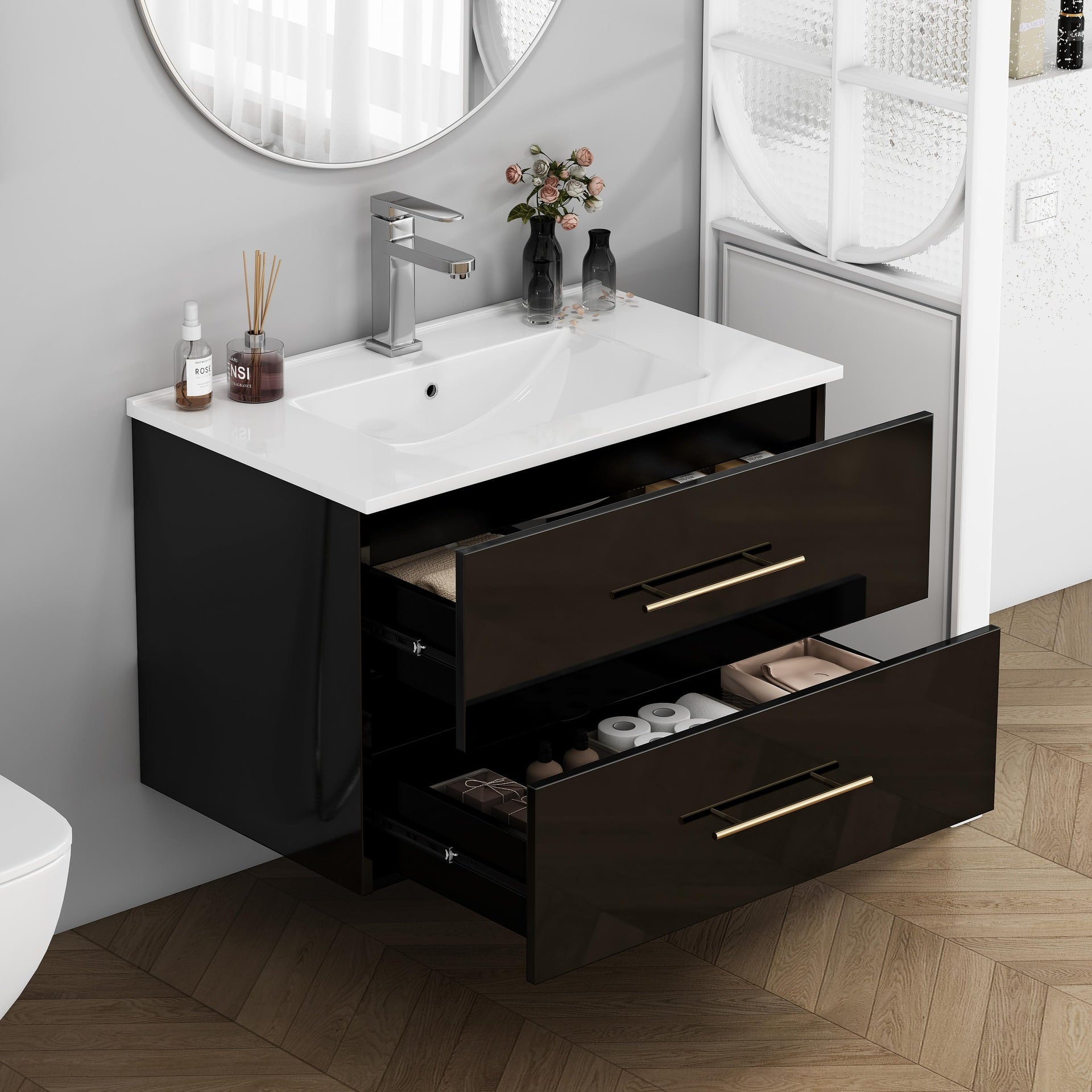 30-Inch Black Gloss Wall-Mounted Bathroom Vanity with Sink Combo, Double Drawers,Ceramic Sink,Long Metal Handle ,Easy Installation,Glossy Black