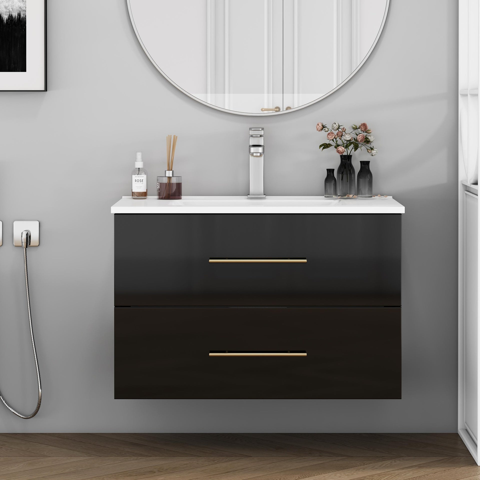 30-Inch Black Gloss Wall-Mounted Bathroom Vanity with Sink Combo, Double Drawers,Ceramic Sink,Long Metal Handle ,Easy Installation,Glossy Black
