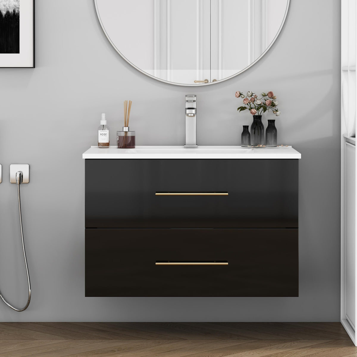 30-Inch Black Gloss Wall-Mounted Bathroom Vanity with Sink Combo, Double Drawers,Ceramic Sink,Long Metal Handle ,Easy Installation,Glossy Black