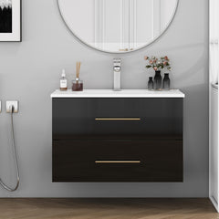 30-Inch Black Gloss Wall-Mounted Bathroom Vanity with Sink Combo, Double Drawers,Ceramic Sink,Long Metal Handle ,Easy Installation,Glossy Black