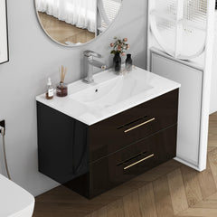30-Inch Black Gloss Wall-Mounted Bathroom Vanity with Sink Combo, Double Drawers,Ceramic Sink,Long Metal Handle ,Easy Installation,Glossy Black