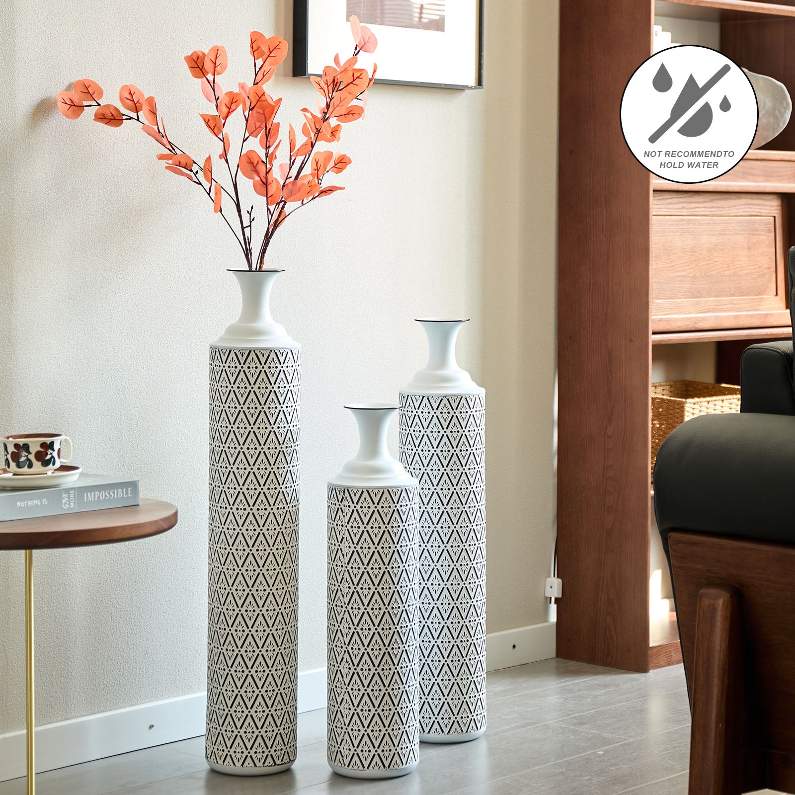 Metal Floor Vases Set of 3 (33.85/29.13/24.81in) - Semi-Handcrafted Geometric Pattern Tall Metal Vases for Home Decor, Living Room/Office Decor, Ideal Mothers Day Gift