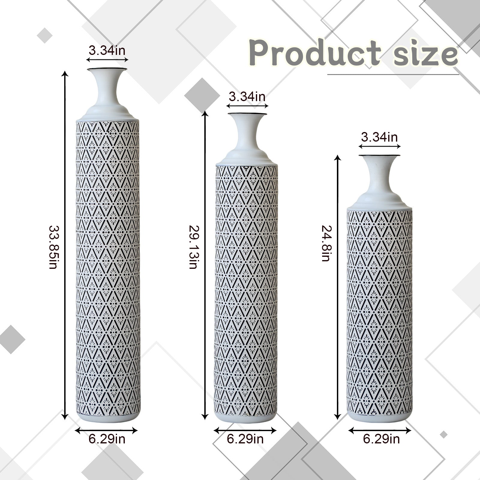 Metal Floor Vases Set of 3 (33.85/29.13/24.81in) - Semi-Handcrafted Geometric Pattern Tall Metal Vases for Home Decor, Living Room/Office Decor, Ideal Mothers Day Gift