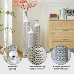 Metal Floor Vases Set of 3 (33.85/29.13/24.81in) - Semi-Handcrafted Geometric Pattern Tall Metal Vases for Home Decor, Living Room/Office Decor, Ideal Mothers Day Gift