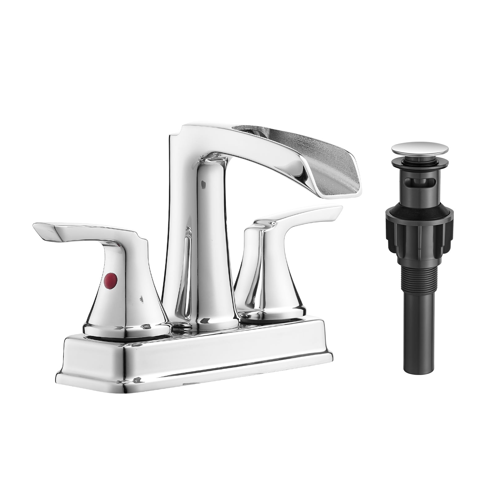 Chrome Bathroom Faucet - 4 Inch Centerset Waterfall Faucet With 2 Handles, 360 Degree Swivel Spout, 3 Hole Sink, Pop Up Drain