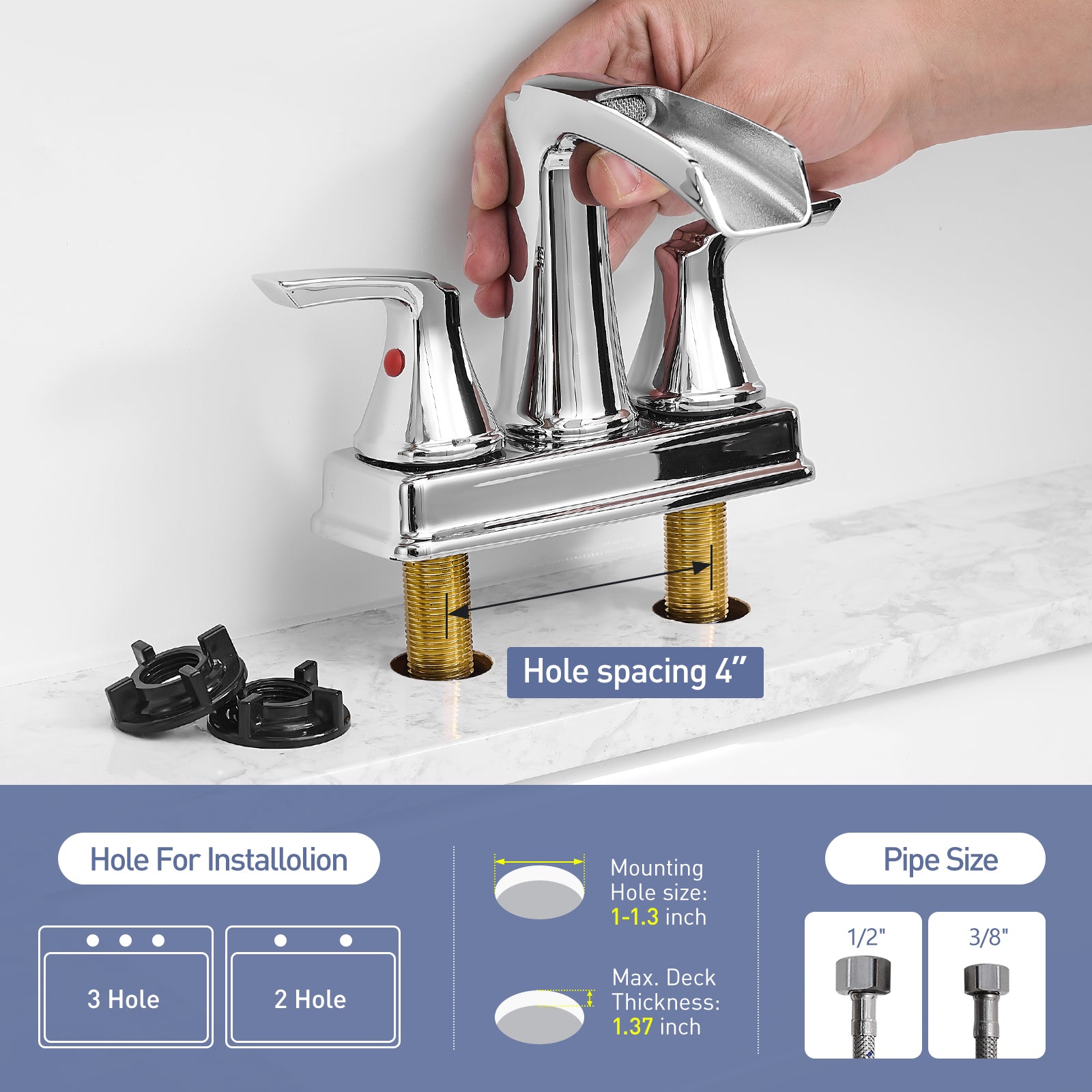 Chrome Bathroom Faucet - 4 Inch Centerset Waterfall Faucet With 2 Handles, 360 Degree Swivel Spout, 3 Hole Sink, Pop Up Drain