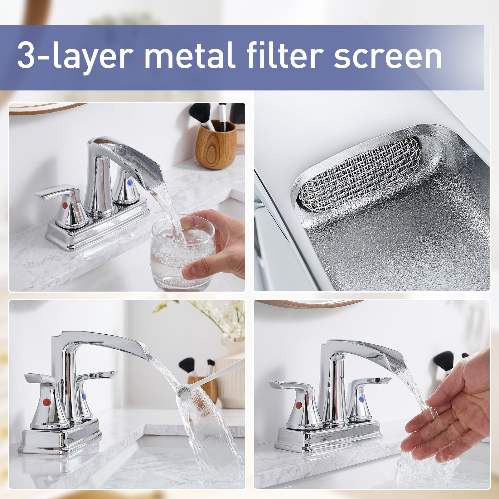 Chrome Bathroom Faucet - 4 Inch Centerset Waterfall Faucet With 2 Handles, 360 Degree Swivel Spout, 3 Hole Sink, Pop Up Drain